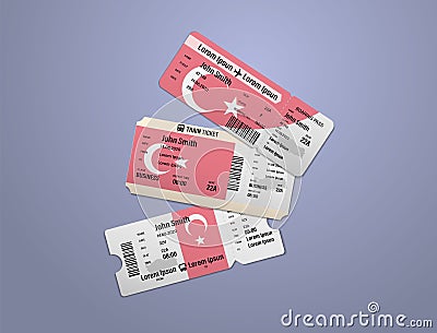 Modern design of Turkey airline, bus and train travel boarding pass. Three tickets of Turkey painted in flag color. Vector Cartoon Illustration