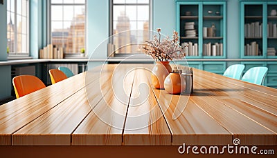 Modern design Wood table, chair, window Bright, comfortable, elegant space generated by AI Stock Photo