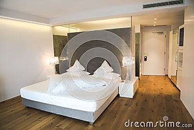 Modern designed bedroom in a Hotel in South Tyrol Stock Photo