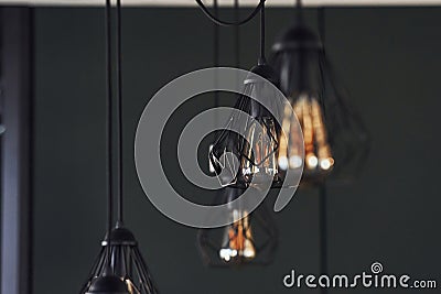 Modern designed light bulbs hangs on the wall indoors. Decoration and domestic life Stock Photo