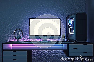 Modern designer desktop with empty white computer screen Stock Photo