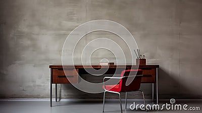 Modern Desk And Red Chair In A Simple Brutalist Environment Stock Photo