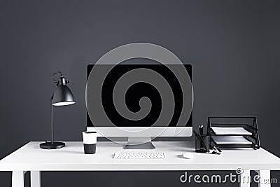 modern desktop computer with blank screen with keyboard and computer mouse Stock Photo