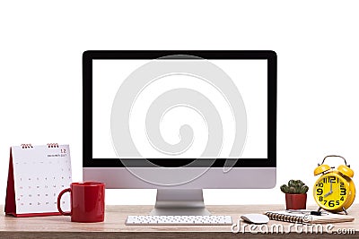 Modern desktop computer, Coffee cup, alarm clock, notebook and c Stock Photo