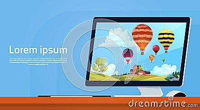 Modern Desktop Computer With Colorful Air Balloons Flying In Sky Image Vector Illustration