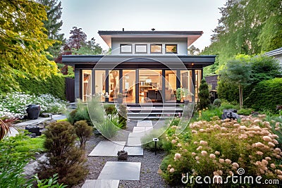 Modern detached house with luxury landscaped home garden in summer Stock Photo