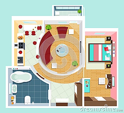 Modern detailed floor plan for apartment with furniture. Top view of apartment. Vector flat projection. Vector Illustration