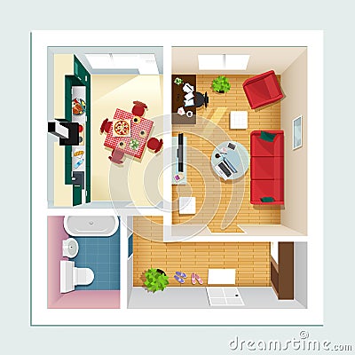Modern detailed floor plan for apartment with kitchen, living room, bathroom and hall. Top view of apartment interior. Vector Illustration