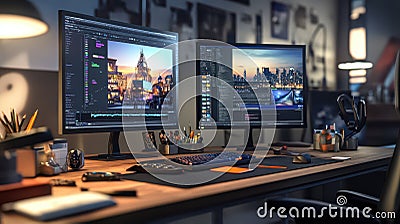 Modern Developer Workspace with Dual Monitors and Coding Screens Stock Photo