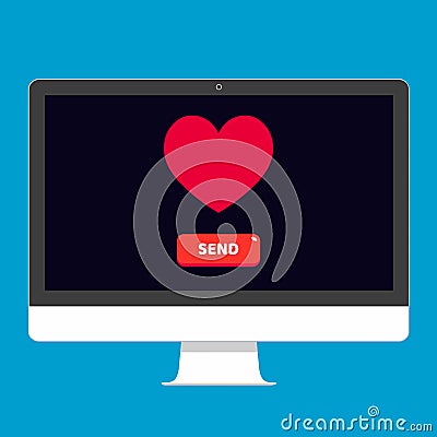 Modern device - computer or All in one pc flat design with heart and button send on the screen icon vector illustration. Vector Illustration