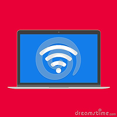 Modern device - laptop, computer or netbook pc flat design with wifi symbol on the screen icon vector illustration Vector Illustration