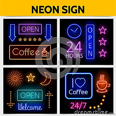 Modern Digital Advertising Neon Signs Concept Vector Illustration