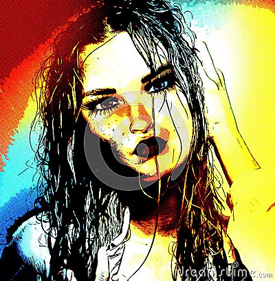 Modern digital art image of a woman's face, close up with colorful abstract background. Stock Photo