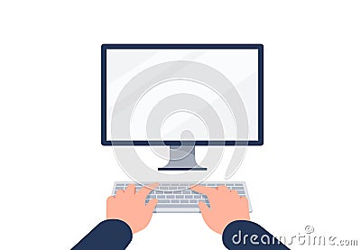 Hands are typing on the computer keyboard. Using digital computer. Vector flat illustration. Vector Illustration