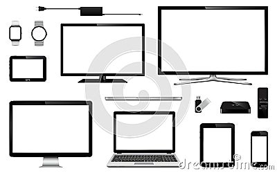 Modern smart tv, computer monitor, laptop, tablet, mobile phone, smart watch, usb flash drive, gps navigation system device and tv Vector Illustration