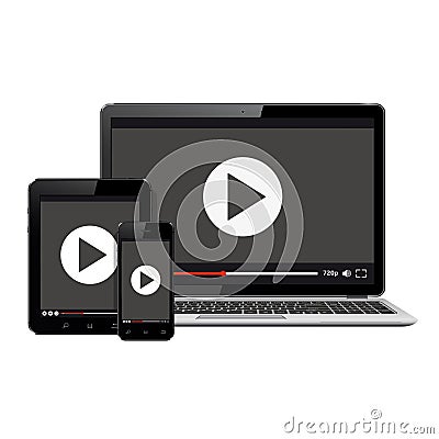 Modern digital devices with video player on screen Vector Illustration