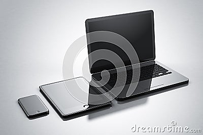 Modern digital gadgets smartphone tablet notebook Stock Photo