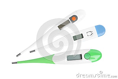 Modern digital thermometers on background, top view Stock Photo