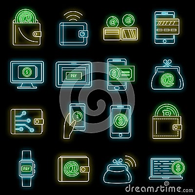 Modern digital wallet icons set vector neon Vector Illustration