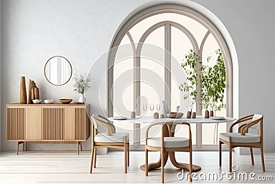 Interior design of modern dining room, marble table and wooden chairs. Wooden sideboard Home interior window - Generative AI Stock Photo