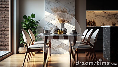 Minimalist Chic A Modern Dining Room with Wooden Chairs and Marble Accents - Generative AI Stock Photo