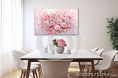 modern dining room interior design with flowers. 3d rendering mock up, petals rose collection pink roses vase table favorite Stock Photo