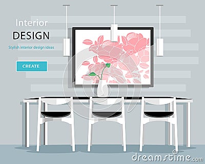 Modern dining room interior design with table, chairs, vase, picture, lamps. Flat style vector illustration Vector Illustration