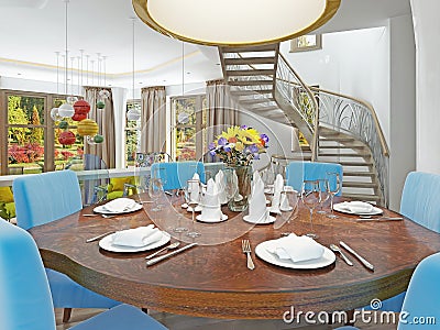 Modern dining room with kitchen in a trendy style kitsch. Stock Photo