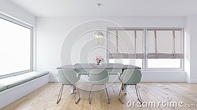 Modern dining room mock-up with comfy upholstered window seats, large window nook, roman blinds and sage green chairs Cartoon Illustration