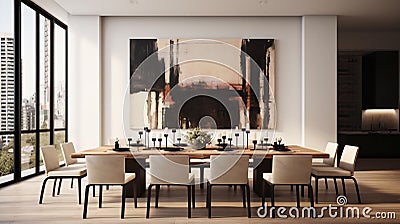 Modern dining room with a table and chairs set against a large abstract painting. AI-generated. Stock Photo