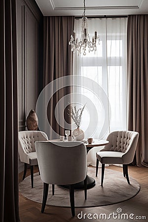 Modern dining room with table and comfortable chairs, ai artwork Stock Photo