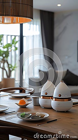 Modern dining table set with stylish salt and pepper shakers,. Generated AI Stock Photo