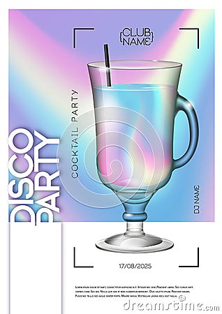 Modern disco cocktail party poster with holographic fluid background. Vector Illustration