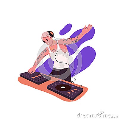 Modern DJ playing music records with electronic audio controller. Happy man in headphones at console mixer, mixing Vector Illustration