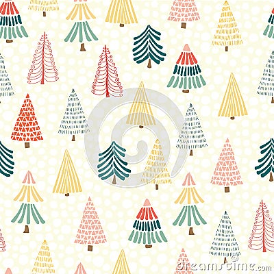 Modern doodle christmas trees in front of snowflakes on a white background. Seamless vector pattern background. Perfect for Vector Illustration