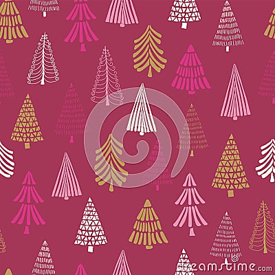 Modern doodle Christmas trees seamless vector background. Pink gold white holiday pattern for girls, women. Perfect for holiday Vector Illustration