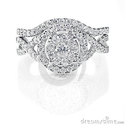 Modern double halo round brilliant stone diamond wedding engagement ring set Stock Photo