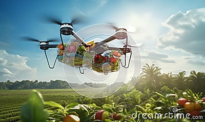 A modern drone with four rotors,carrying a netted bag Stock Photo