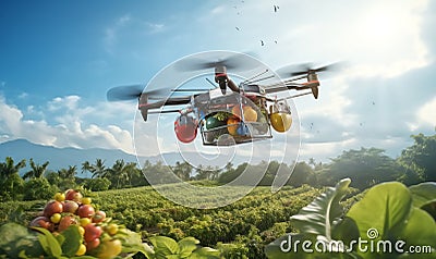 A modern drone with four rotors,carrying a netted bag Stock Photo