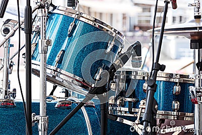 Modern drum set standing in the street stage for performance. mu Stock Photo