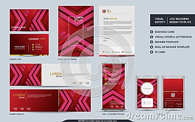 Modern dynamic colorful maroon stationery mock up and visual brand identity set Vector Illustration