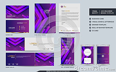 Modern dynamic colorful purple stationery mock up and visual brand identity set Vector Illustration