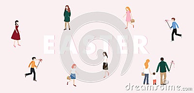 Modern Easter web banner. Boys with whip chasing the girls with colorful Easter eggs. Family, people walking. European Vector Illustration