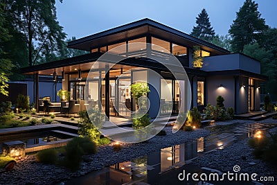 Modern eco-friendly house with solar panels on roof, driveway, and landscaped yard Stock Photo