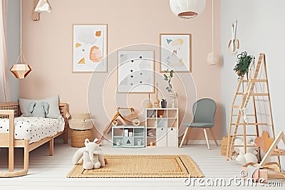 Modern eco-friendly kids room with wooden accents, colorful toys, and a poster mockup in Scandinavian style Stock Photo