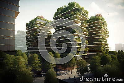 Modern ecological buildings in the park, green urbanism. Generative ai Stock Photo