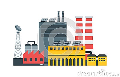 Modern ecological factory with solar panels energy. City landscape, ecological concept. Vector illustration in flat style, design Cartoon Illustration