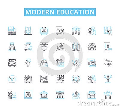 Modern education linear icons set. Technology, Collaboration, Innovation, Flexibility, Adaptability, Creativity Vector Illustration