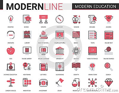 Modern education red black flat line icons vector illustration set with linear educational technology symbols for mobile Vector Illustration