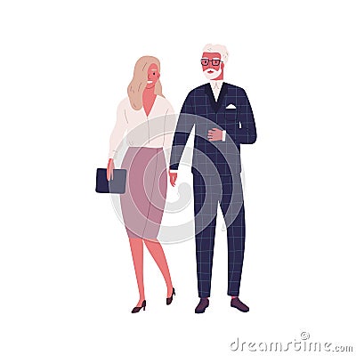 Modern elderly couple holding hands and walking together. Stylish woman and man in love, wearing trendy formal dress and Vector Illustration